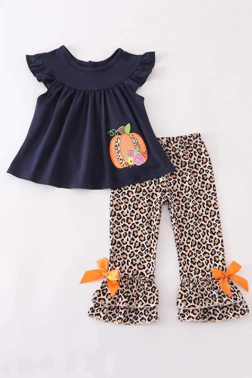 RTS 0719 embroidery blue short sleeve orange pumpkin leopard pants bow girl outfit clothes 0719