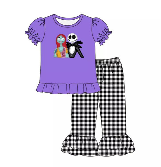 Preorder purple top skull white black plaid ruffle pants fluffy short sleeve girl outfit 0616