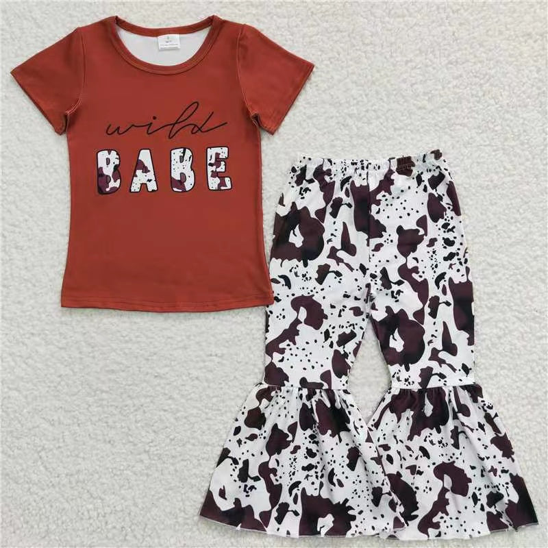 promotion GSPO0164 baby brown short sleeve long cow bell bottom pants baby fall girl outfit RTS 202407