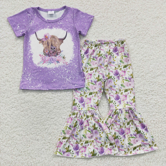 GSPO0264 cow flower purple short sleeve girl outfit 20230220 RTS