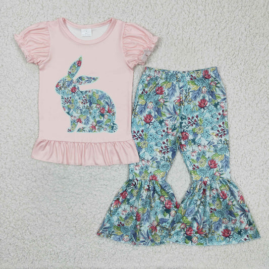 GSPO0341  spring flower rabbit short sleeve girl outfit 1219 RTS