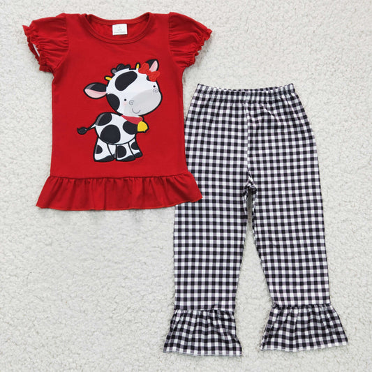 GSPO0342 embroidery cow plaid short sleeve girl pajamas outfit 20230109 RTS sibling