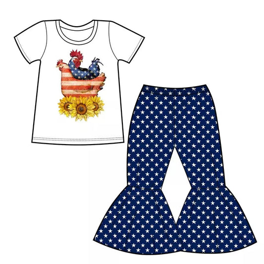 GSPO0369 preorder American rooster sunflower short sleeve girl outfit 1123