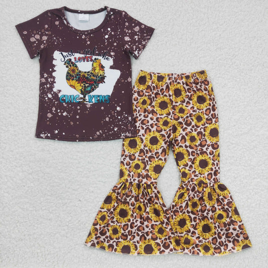 GSPO0370 RTS love chicken sunflower short sleeve girl outfit 20230225