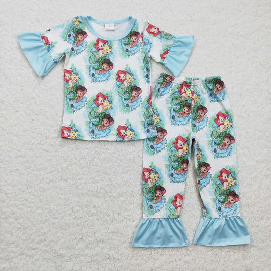 GSPO0394 western cartoon mermaid short sleeves girl pajamas outfit 1226 RTS