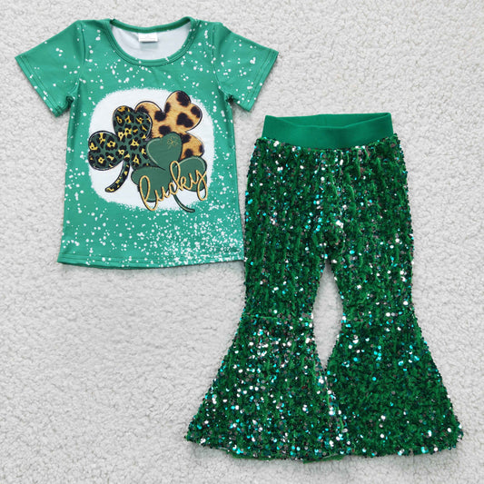 GSPO0401 green lucky short sleeve top sequin girl outfit 20230110 RTS