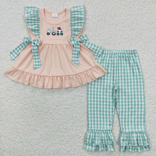 GSPO0447 cow tractor plaid bow cotton Embroidery short sleeve bell bottom girl outfits 20230330 RTS