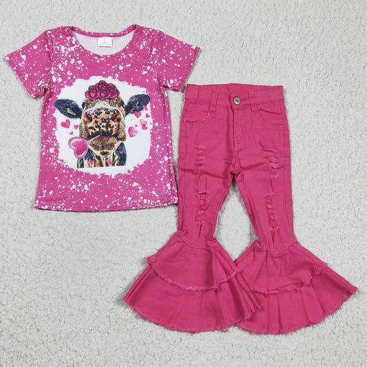 GSPO0474 cow love baby t-shirt short sleeve pink denim girl outfit 1229 RTS