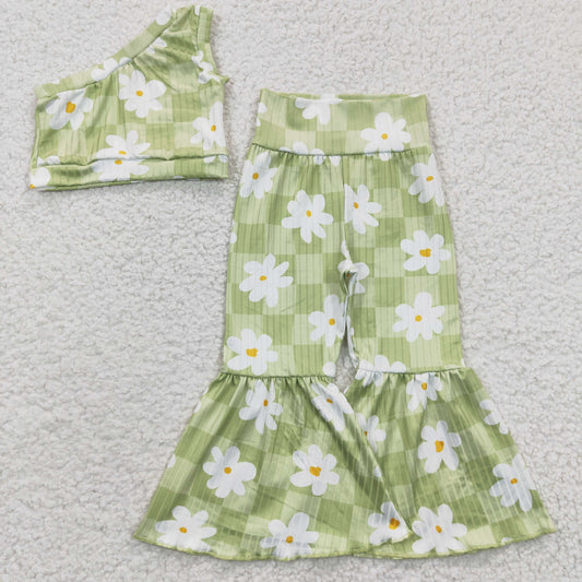 GSPO0524 Green flower one sleeve short sleeve pants girl outfit 20230331 RTS