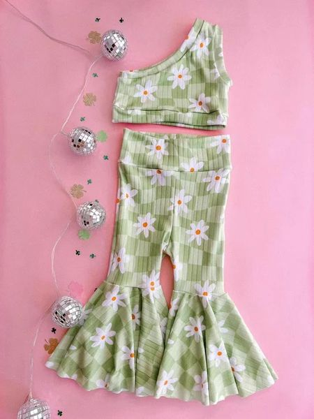 GSPO0524 Green flower one sleeve short sleeve pants girl outfit 20230331 RTS