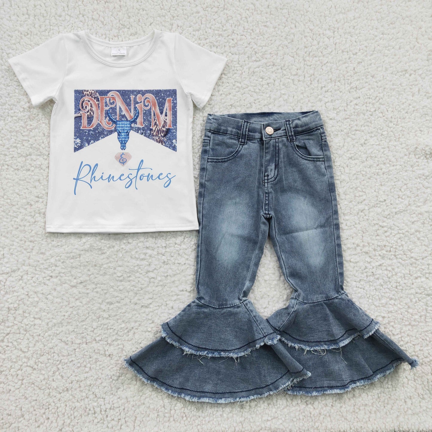 GSPO0531 cow western short sleeve stone denim jeans 2PCS girl outfit RTS 0230211