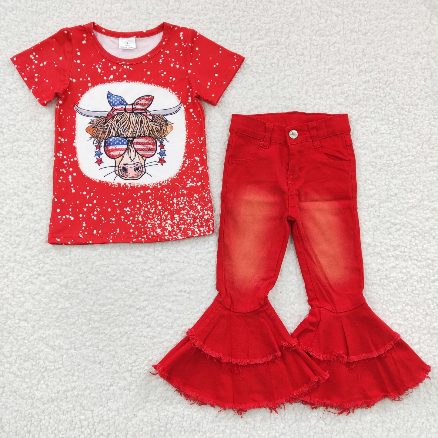 GSPO0541 RTS 4th July USA red denim bell jeans western short sleeve girl outfit  20230302