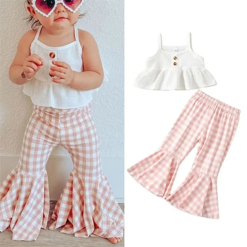 GSPO0614 summer plaid pink short sleeve pants girl outfit 20230407 preorder