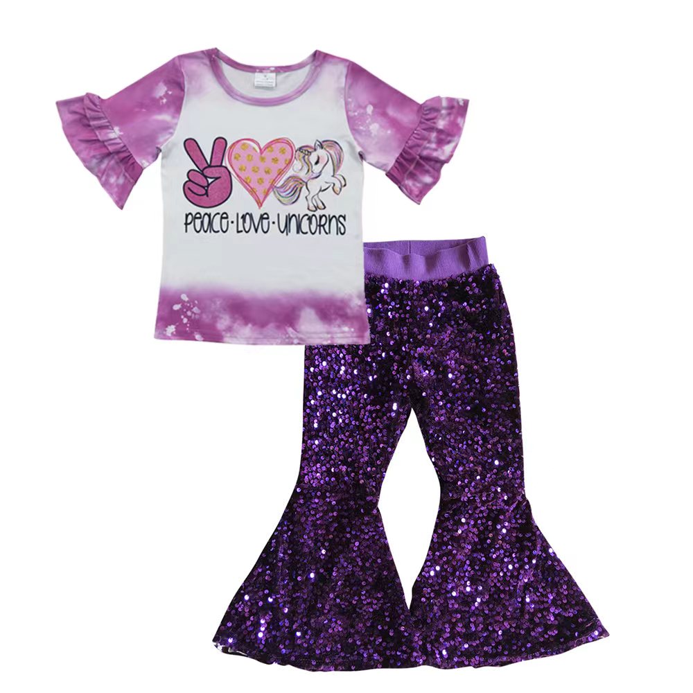 GSPO0629 Western short sleeve top purple sequin peace love unicorn girl outfit 20230415 RTS