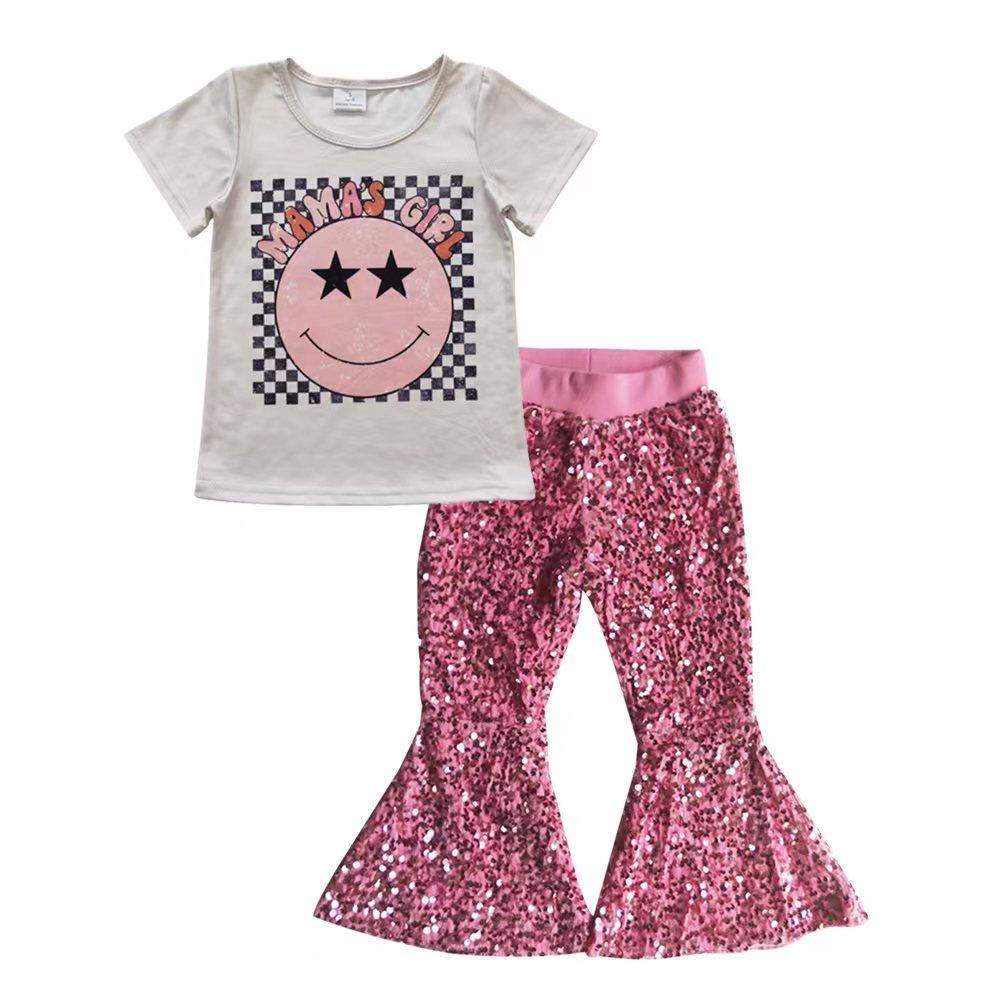 GSPO0633 Western smile mamas girl short sleeve top pink sequin girl outfit 20230415 RTS