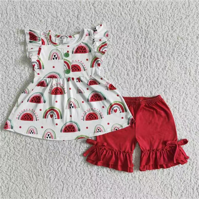 promotion GSSO0005 rainbow red watermelon flutter ruffles short sleeve shorts girl outfits 20230412 RTS