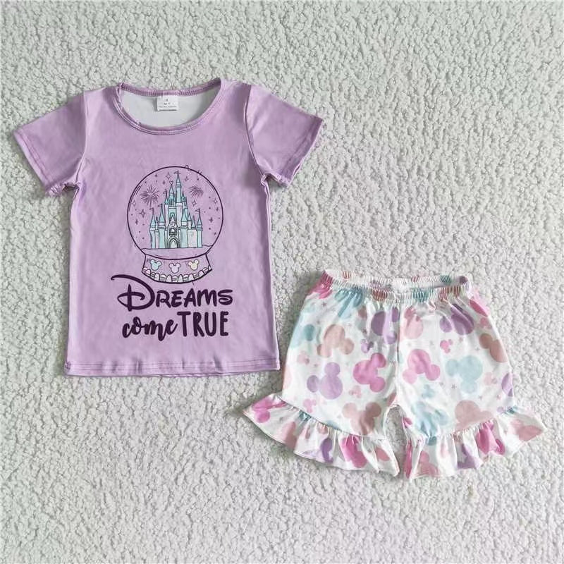 GSSO0050 RTS disney cartoon mouse dreams come true castle crystal ball purple ruffles short sleeve shorts girl outfits 1121 RTS