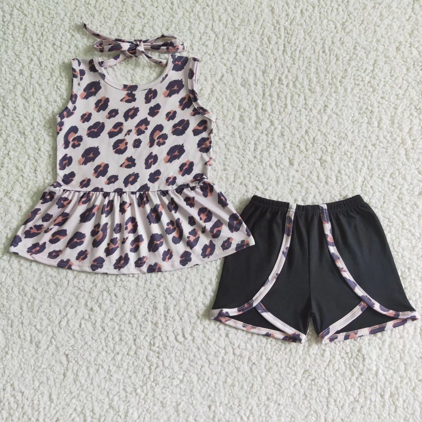 GSSO0052 sun-top leopard top ruffles short sleeve shorts girl outfit 20230316 RTS