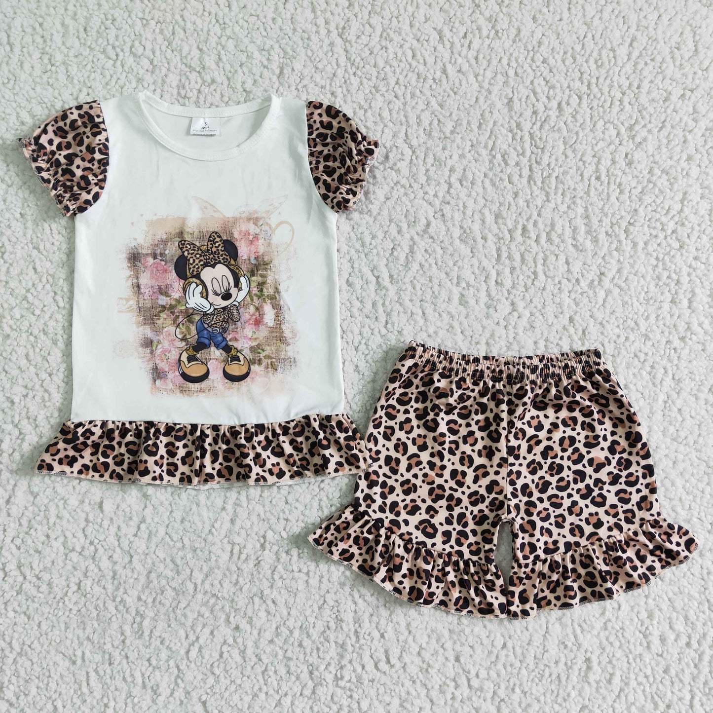 promotion GSSO0079  summer girl set music mouse top leopare print ruffles shorts girl outfits 202305 RTS