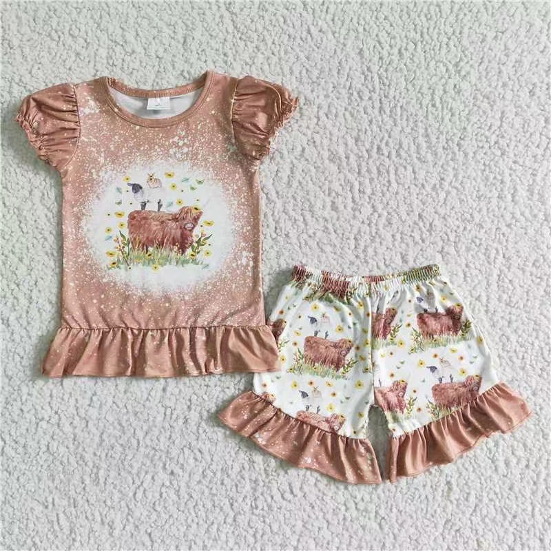 promotion GSSO0083 brown grass cow sheep flower print shorts girl outfits RTS 20204