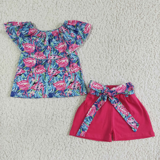 RTS flamingo print flutter top hot pink belt shorts girl summer clothes outfit 0601