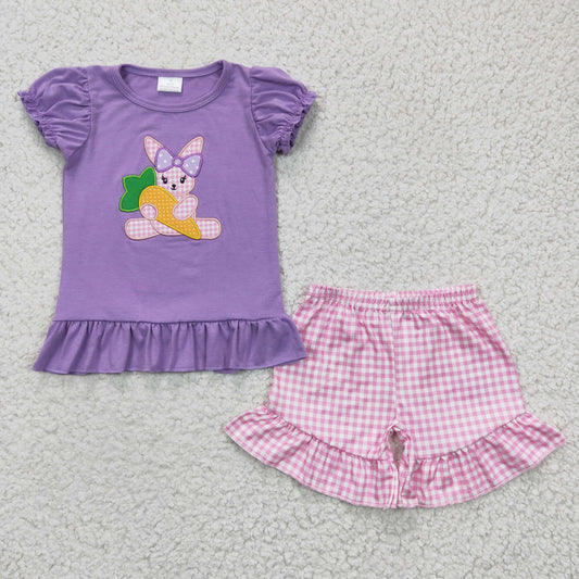 GSSO0126 embroidered carrots Easter Rabbit short sleeve plaid shorts girl outfit 20230112 RTS