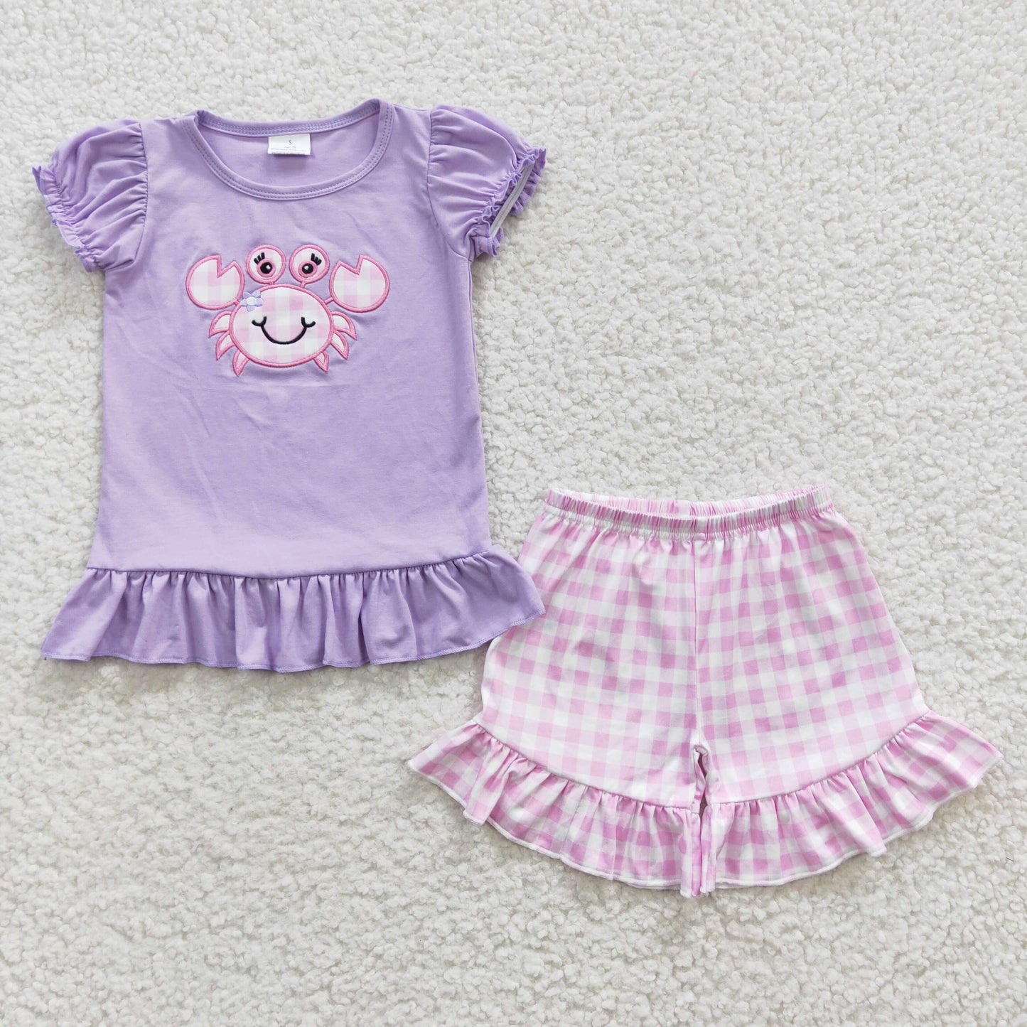 promotion GSSO0135 Embroidery Crab purple short sleeve crab summer set girl outfit 20230408 RTS