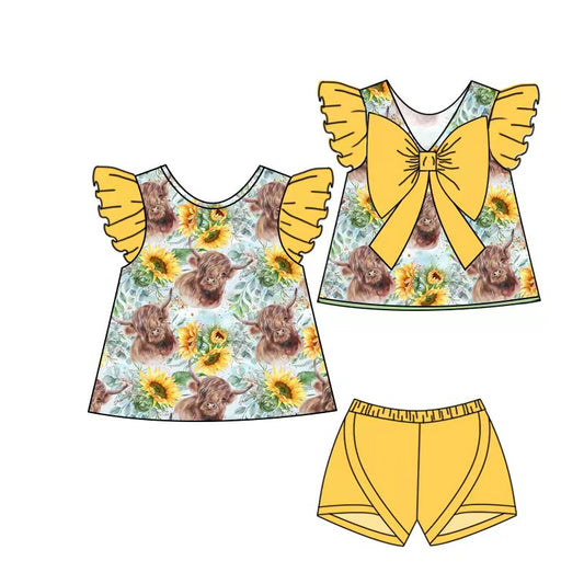 preorder GSSO0136 short sleeve sunflower cow summer set girl outfit 1025