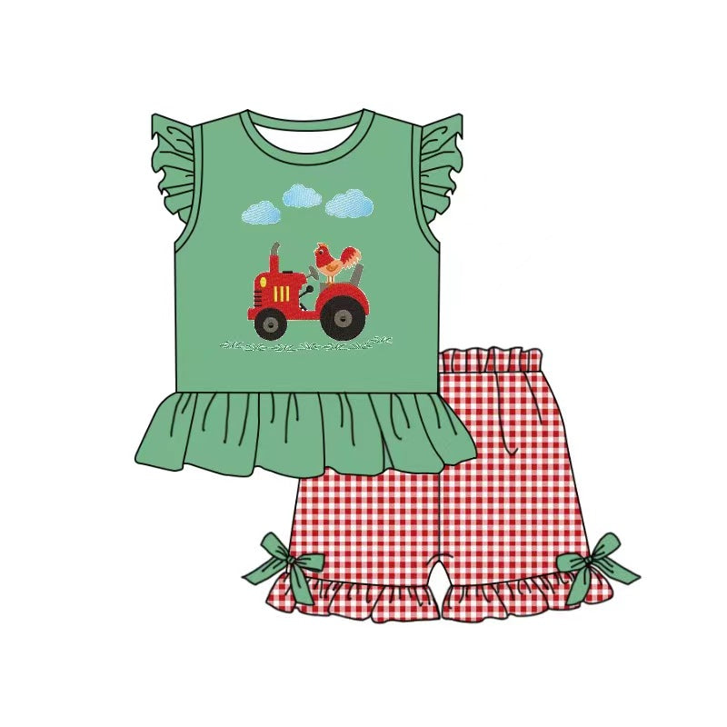 GSSO0190 preorder embroidery chicken farm tractor short sleeve shorts girl summer outfit 20230118