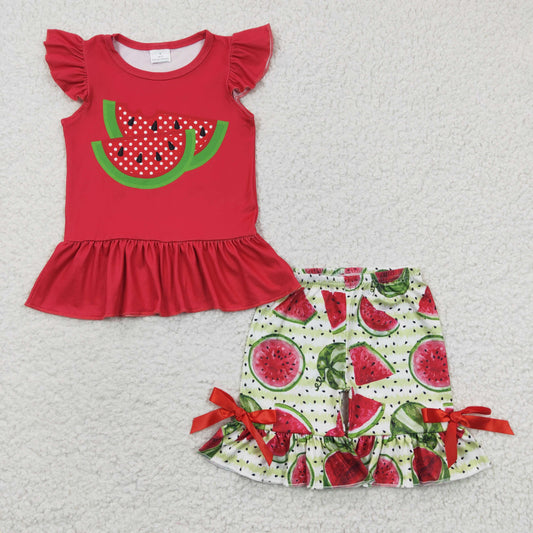 promotion  GSSO0191 embroidery watermelon short sleeve shorts girl summer outfit RTS