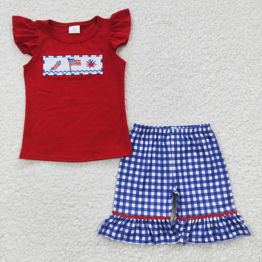 GSSO0193 embroidery back to school pencil American national Day 4th July short sleeve shorts girl summer outfit 20230316