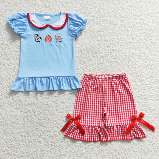 GSSO0200 cow embroidery short sleeve summer shorts girl outfit 20230309 RTS