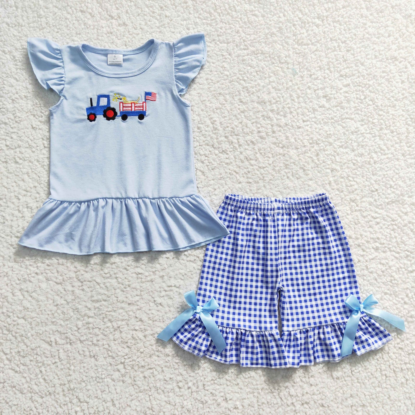 GSSO0206  4th July embroidery tractor farm American national day 4th july short sleeve shorts boy summer outfit 20230309 RTS