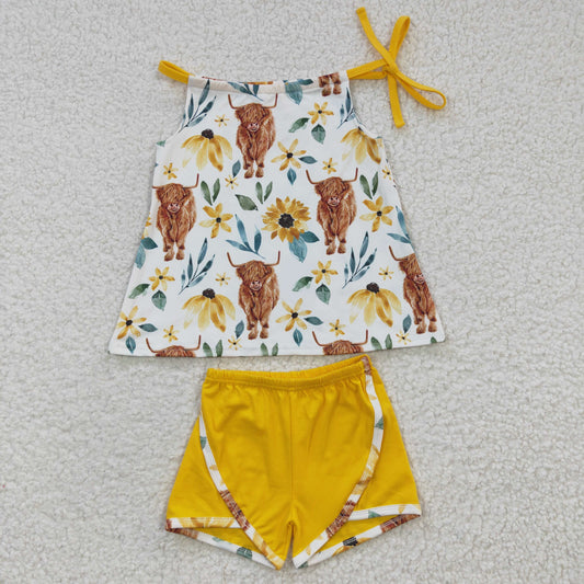 GSSO0207 cow flower girl short sleeve yellow shorts girl outfit 20230425 RTS