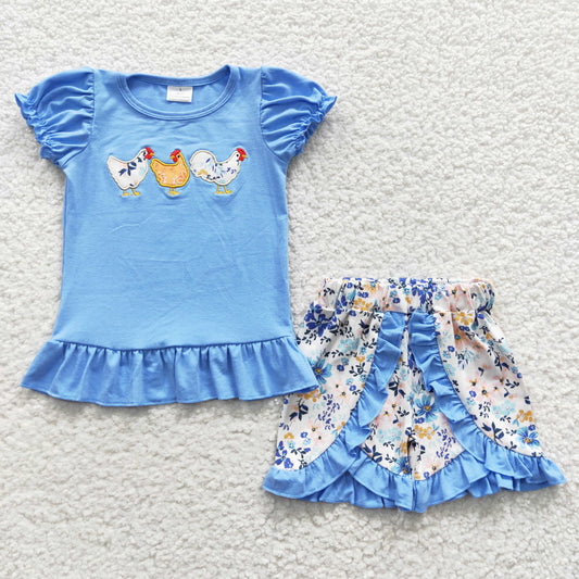 GSSO0211 embroidery western chicken short sleeve shorts girl summer outfit 20230410 RTS