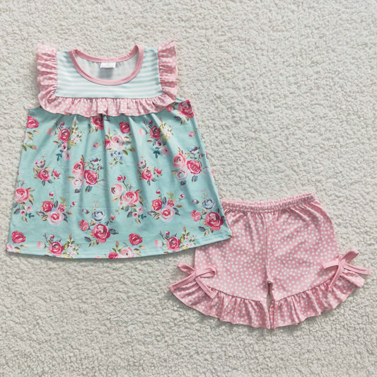 GSSO0215  rose spring flower short sleeve shorts girl summer outfit  RTS