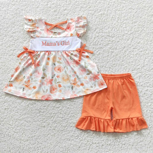 GSSO0235  Embroidery short sleeve shorts mama girl flower summer girl outfit 20230410 RTS