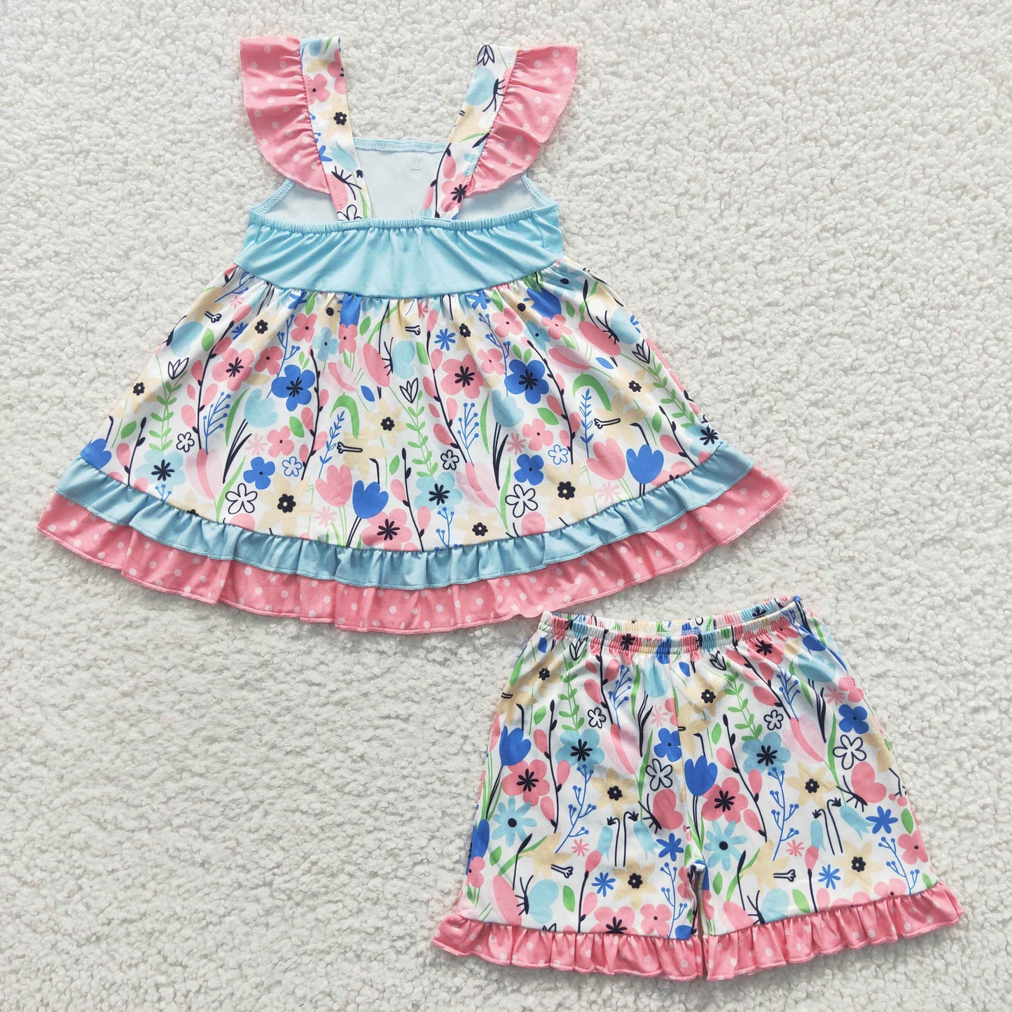 GSSO0243 flower ruffle bow short sleeve shorts girl summer outfit 20230418 RTS