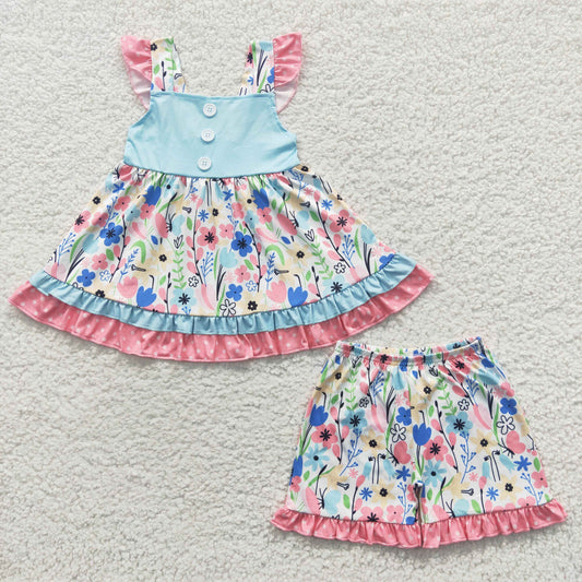 GSSO0243 flower ruffle bow short sleeve shorts girl summer outfit 20230418 RTS