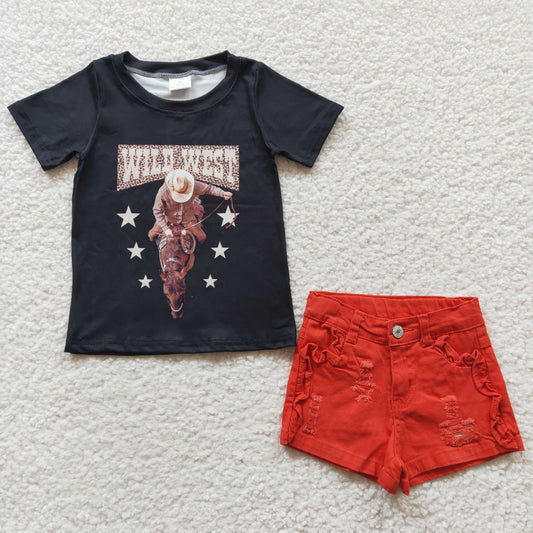 GSSO0254 western rodeo horse  orange denim shorts girl outfit 20230307 RTS