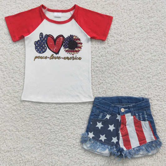 GSSO0268 girl peace love 4th July short sleeve denim shorts girl outfit0230316