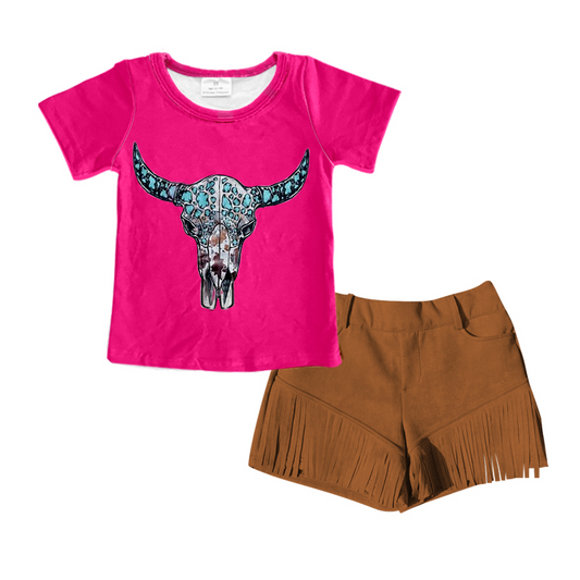 GSSO0273 short sleeve shorts cow tassel fringe summer girl outfit preorder 20230318
