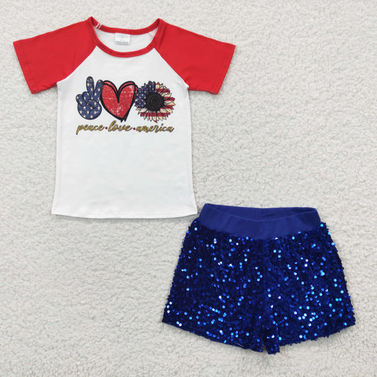 组合GSSO0283 western peace love 4th of July blue sequin shorts girl outfit 20230322 RTS