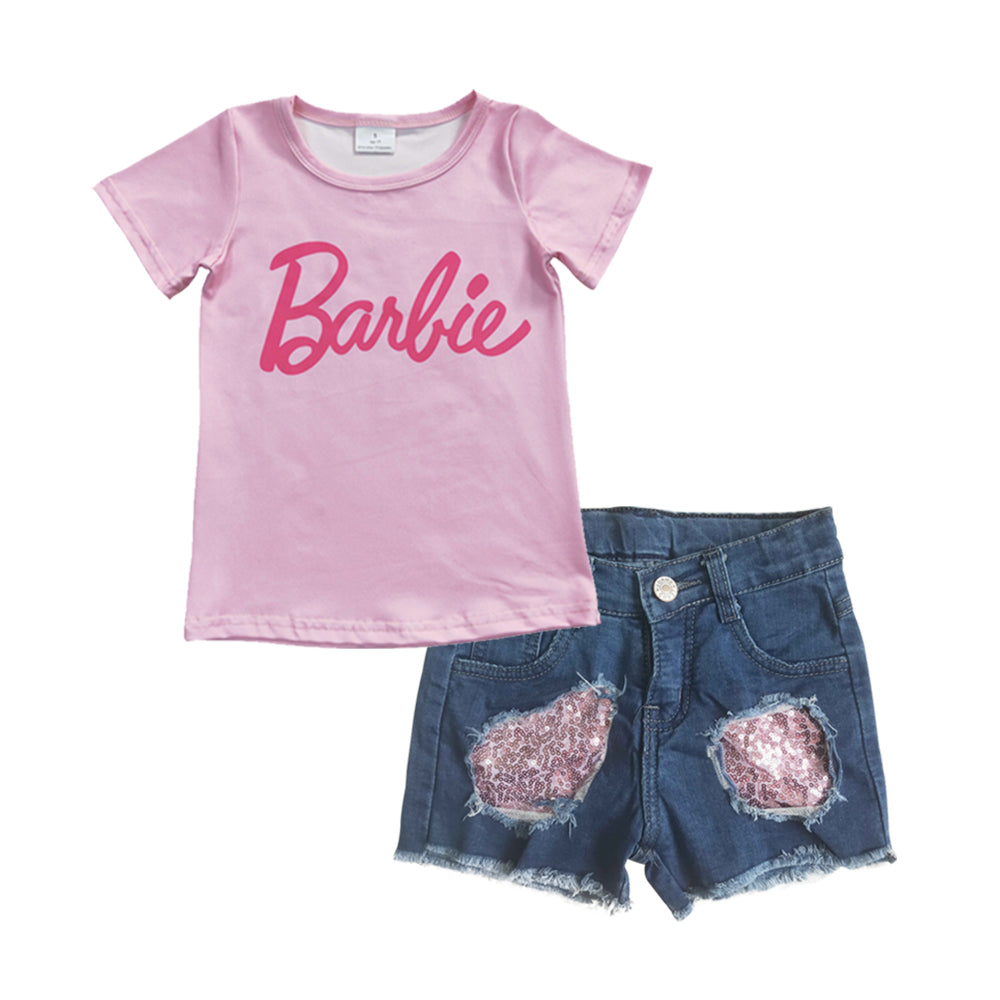 GSSO0294 barbie pink shorts jeans sequin denim girl summer outfit  20230324 RTS