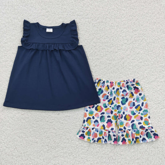 GSSO0298  blue cotton flower short sleeve leopard shorts summer girl outfit 20230419 RTS