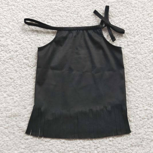 GT0088 girl black tassel short sleev top