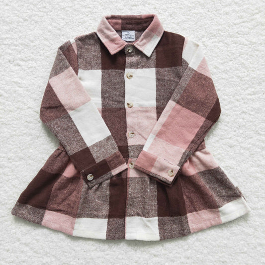 GT0090 red Brown plaid long sleeve Cotton girl dress top shirt 1202 RTS