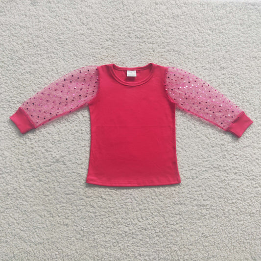 GT0176 RTS tulle red pink long sleeve girl shirt top 20230320