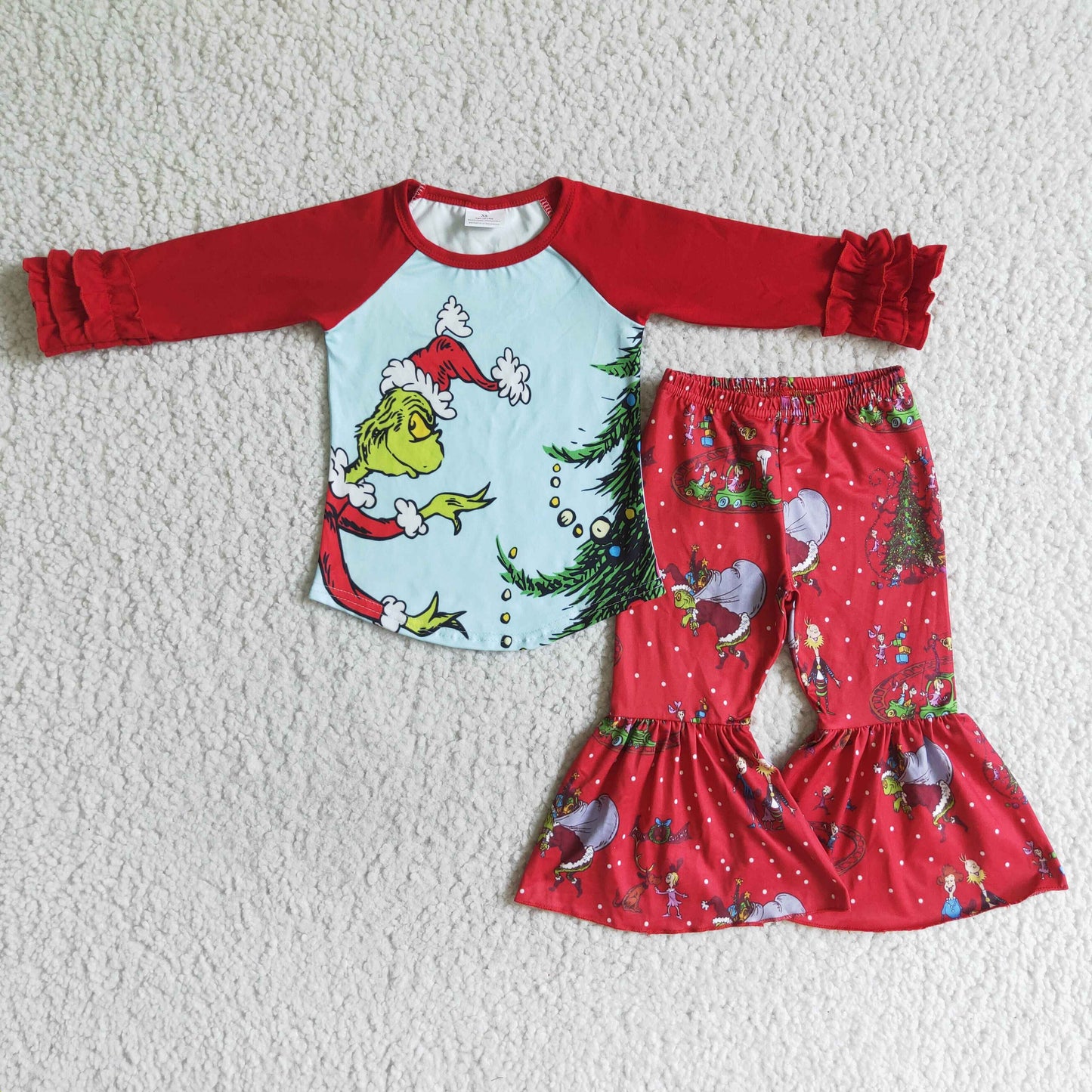 promotion christmas green cartoon red raglan ruffles long sleeve bell bottom pants outfit 0719 RTS