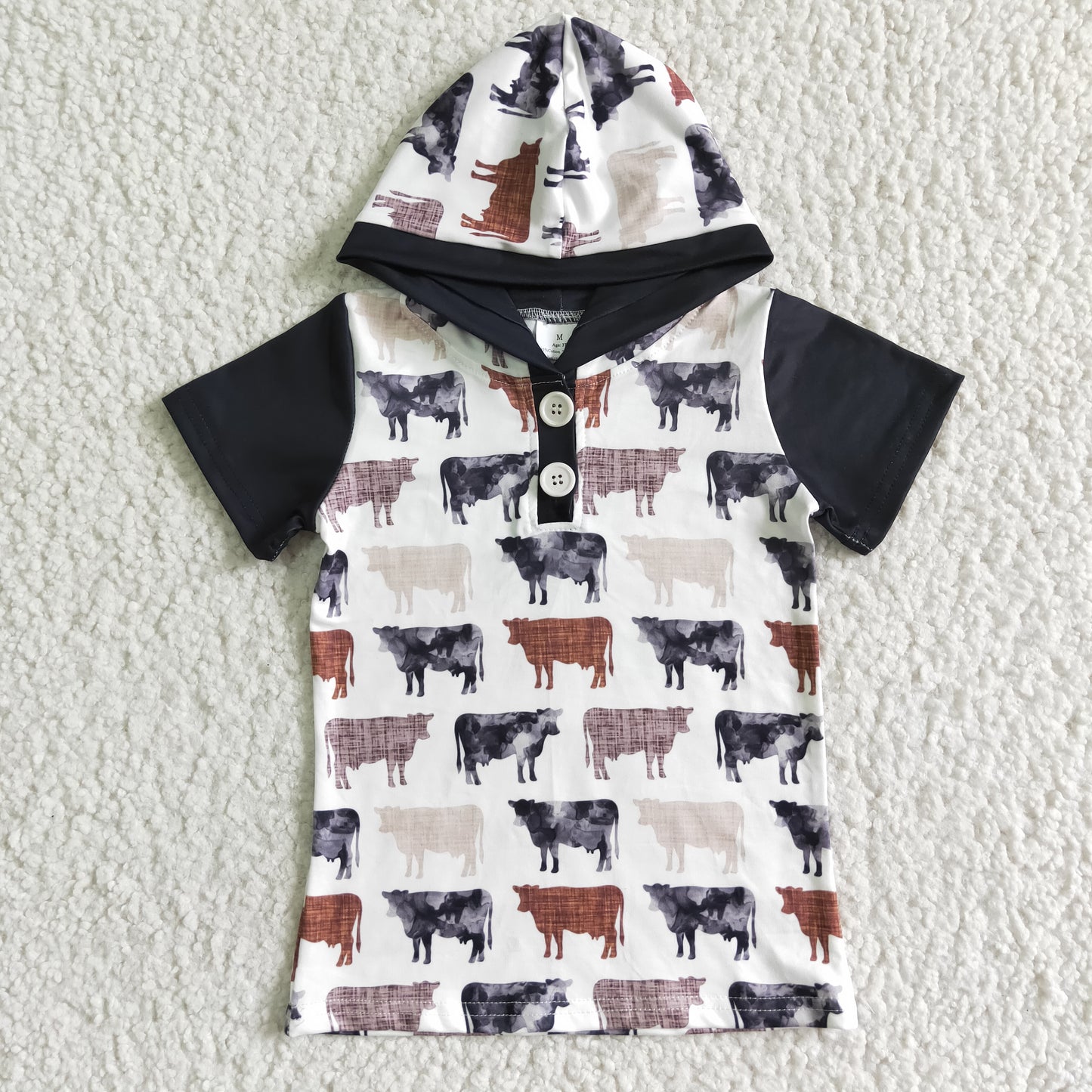 promotion western design colorful cow farm boy short sleeve hoodies shirt top 0512